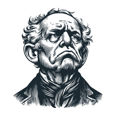 Old man looking up. Black white vector illustration.