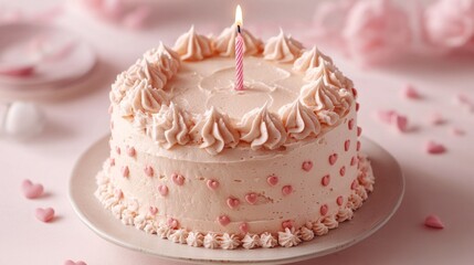 Pink birthday cake with candle, hearts, celebration