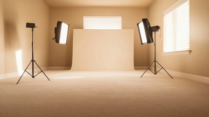 Indoor photography room with soft carpet flooring, a neutral background, and diffused light panels for an even glow