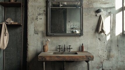 Industrial bathroom with concrete walls, a metal-framed mirror, and a rustic wooden sink console