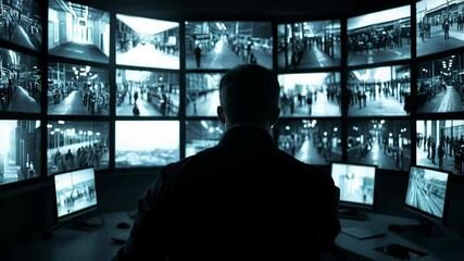 Professional security personnel monitors various surveillance feeds, observing activity in crowded public spaces and maintaining vigilance to ensure safety and order - Powered by Adobe