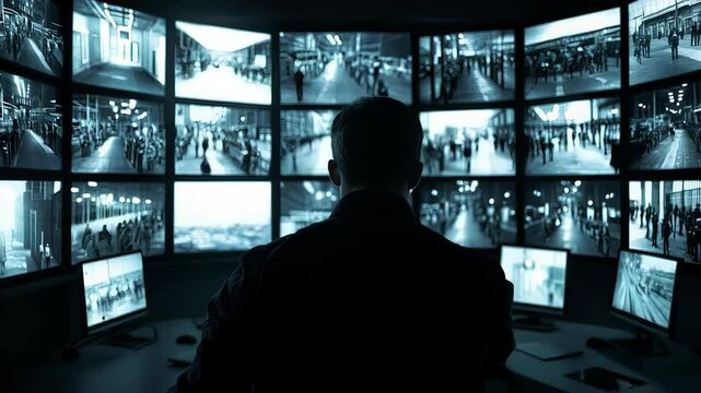 Professional security personnel monitors various surveillance feeds, observing activity in crowded public spaces and maintaining vigilance to ensure safety and order