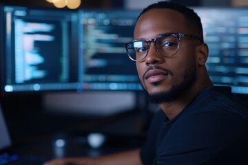 Fototapeta premium A young man wearing glasses and a black shirt is programming at his desk, surrounded by dual monitors displaying colorful lines of code in an inspiring tech environment.