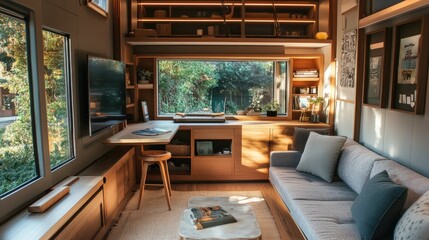 Innovative tiny home living area with multi-purpose furniture, a drop-down desk, and hidden compartments for storage