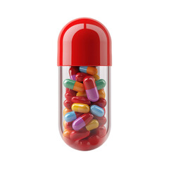 Colorful capsules inside transparent capsule red lid medicine conceptual design