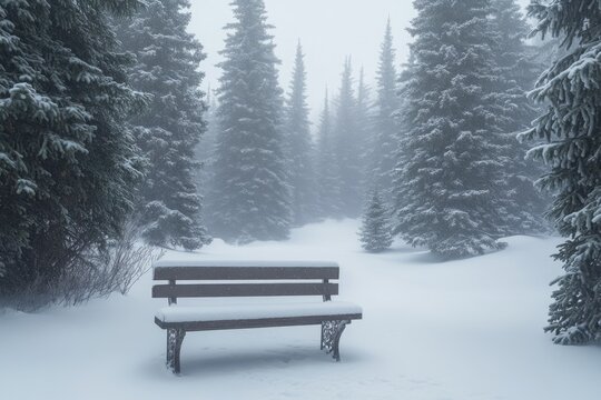 A lone wooden park bench sits in the middle of a snowy forest. Snow is covering the ground and the trees are dusted with a light layer of snow, creating a serene winter landscape.