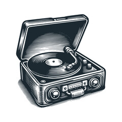 Vinyl record player. Black white vector illustration.