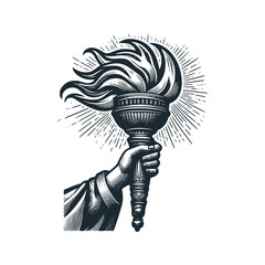 Left hand holding a fire torch. Black white vector illustration.