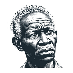 Old man with gray hair. Black white vector illustration.