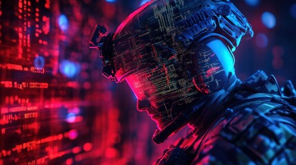 A cyber soldier hacking into an enemy military network, breaking through digital firewalls using quantum computing and AI-driven cyber warfare. Ultra-sharp 4K photography