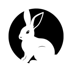 White Rabbit Silhouette on Black Circular Background: A Minimalist Illustration.