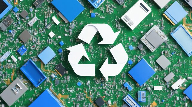 White recycling symbol on circuit board surrounded by electronic components.