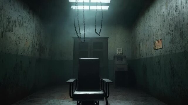 Smoke gradually filling execution chamber, enveloping vintage electric chair, building intense psychological tension through darkening, menacing atmosphere of impending judicial finality