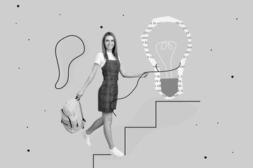 Creative collage picture of positive black white colors girl hold bag climb walk drawing stairs...