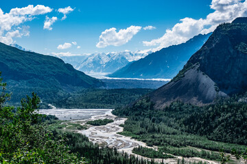 Alaska wilderness with snowcapped mountains, rivers and lakes