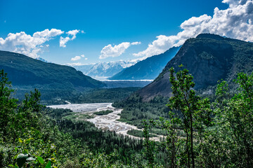 Alaska wilderness with snowcapped mountains, rivers and lakes