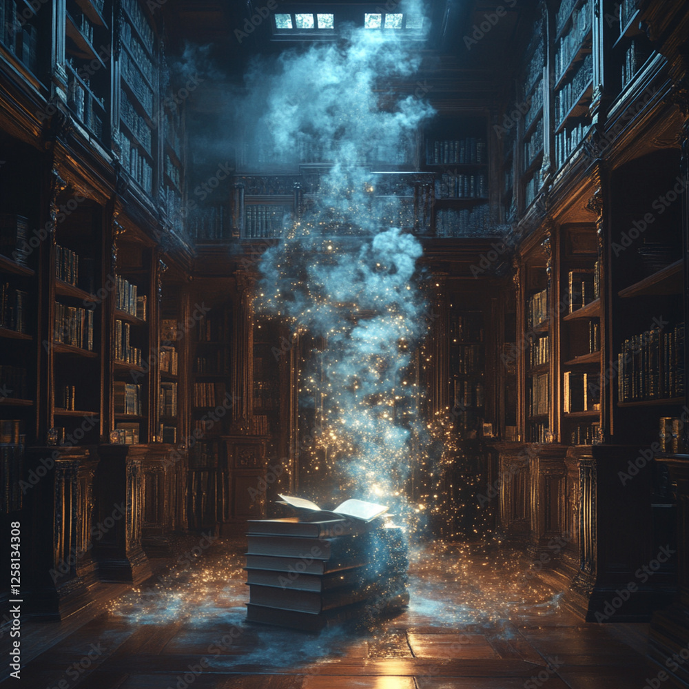 Wall mural discovering magic in an ancient library illuminated by ethereal light and swirling mist. generative 