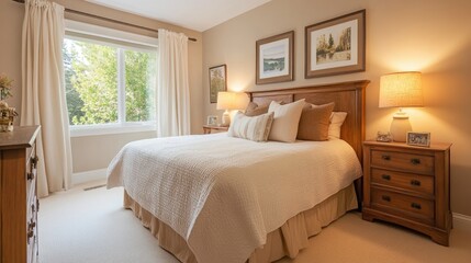 Fototapeta premium Light and airy bedroom with neutral linens, a wooden headboard, and warm lighting from bedside lamps for a restful environment