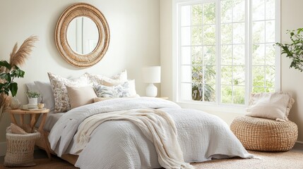 Light-filled boho bedroom with soft pastel bedding, woven accents, and a statement mirror with a natural frame