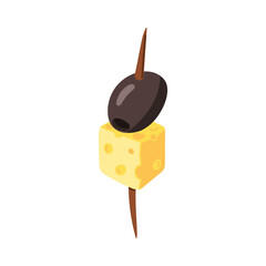 skewer with pitted olives and a piece of cheese. sharp stick with berries strung on it. berries are shaped like snacks. Olives and cheese on a white background. Hand-drawn flat illustration on a white