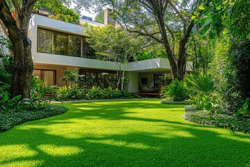 A beautiful green lawn in the garden of a modern house with white walls, surrounded by trees, plants, and grass