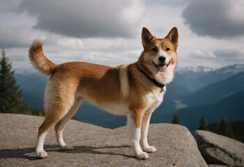 Playful dog standing on a rock with breathtaking mountain scenery
