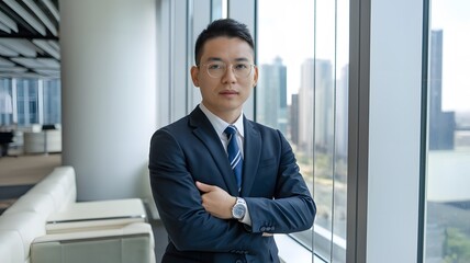 Confident Young Businessman Modern Office Professional Portrait Successful Executive Corporate Attire Stylish Suit Blue Tie Cityscape Background Window View Achievement Goals Ambitious Leader Strong  