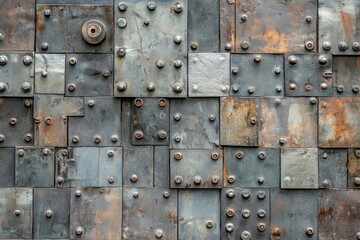 Fototapeta premium Rustic Metal Wall Texture: A Collage of Weathered Steel Plates and Bolts