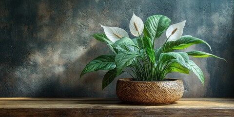 Serene Peace Lily in Woven Pot on Rustic Wooden Shelf