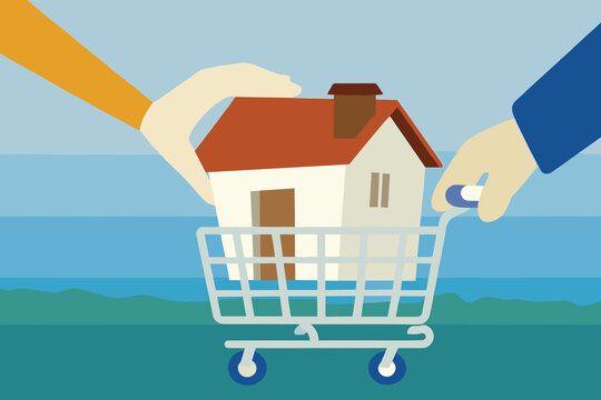 Illustration of a house being placed in a shopping cart, symbolizing the real estate market and home buying process