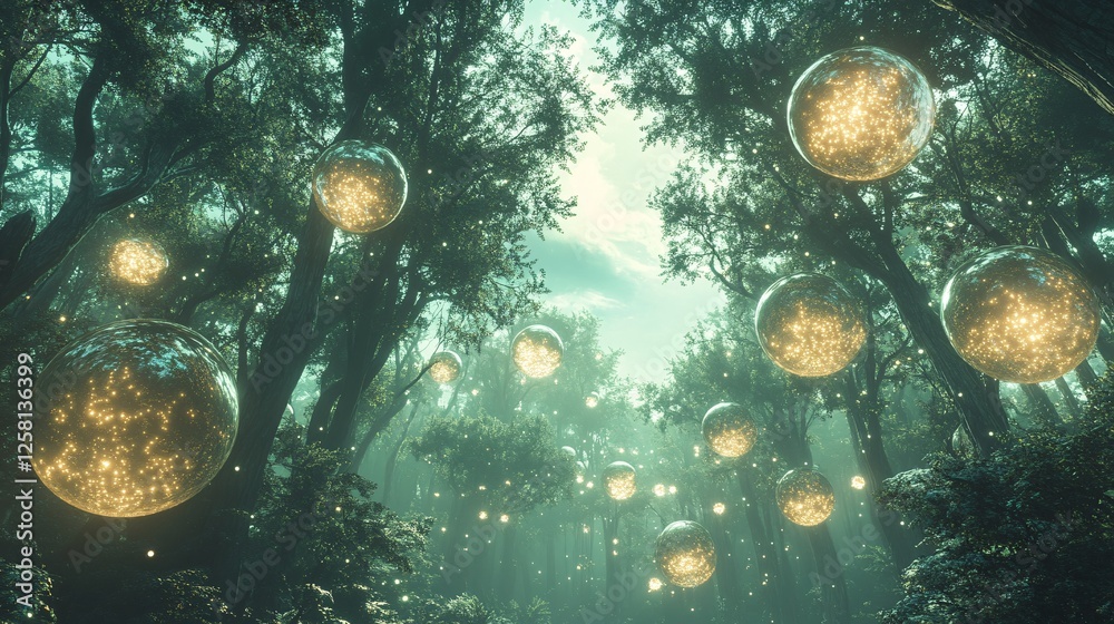 Wall mural a surreal jungle where trees have floating orbs of glowing energy hovering around them