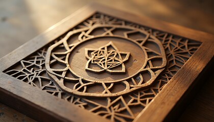 Intricate Wooden Mandala Art with Geometric Design and Warm Light