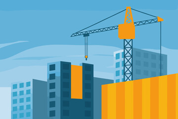Construction site illustration with crane lifting building materials in urban environment