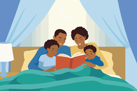 Family enjoys quality time together reading a book in their cozy bedroom during a relaxing evening