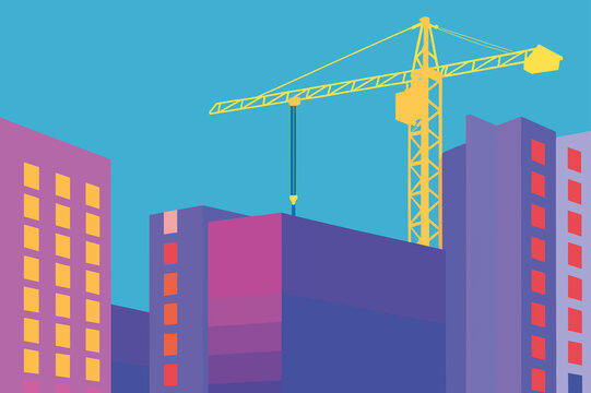 Construction and development in real estate with cranes at work during the day in a modern urban area
