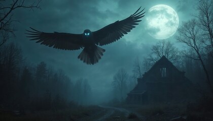 Fototapeta premium Nocturnal flight of a glowing eyed bird over haunted woods