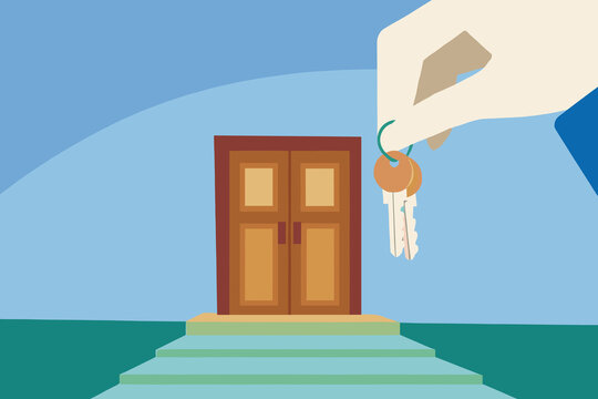 New beginnings in real estate as keys are handed over in front of a welcoming door