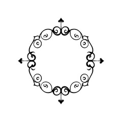 Intricate black ornate frame with scrolling elements, stylized arrows, and a clean, white background.
