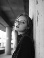 Obraz premium Young woman leaning against a city overpass, showcasing contemporary urban style and fashion.