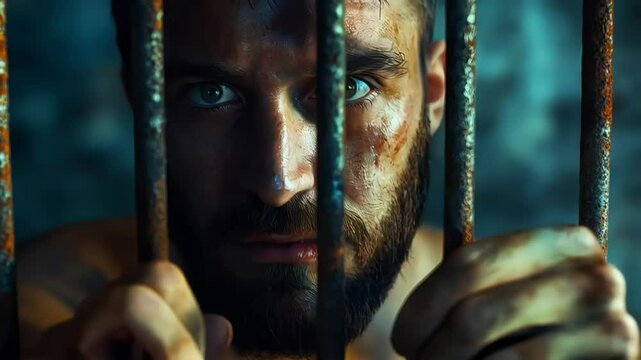 Desperate prisoner with bruised face gripping rusty jail bars, conveying profound hopelessness while staring directly at viewer in raw, emotional prison portrait