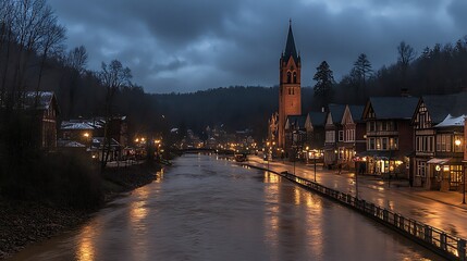 Fototapeta premium Historic Church Reflections Illuminating River in a Quaint Village at Dusk Under Moody Skies