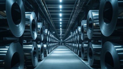 A dynamic 4K wide-angle shot capturing an endless row of cold-rolled steel coils stored in a well-maintained industrial storage facility.