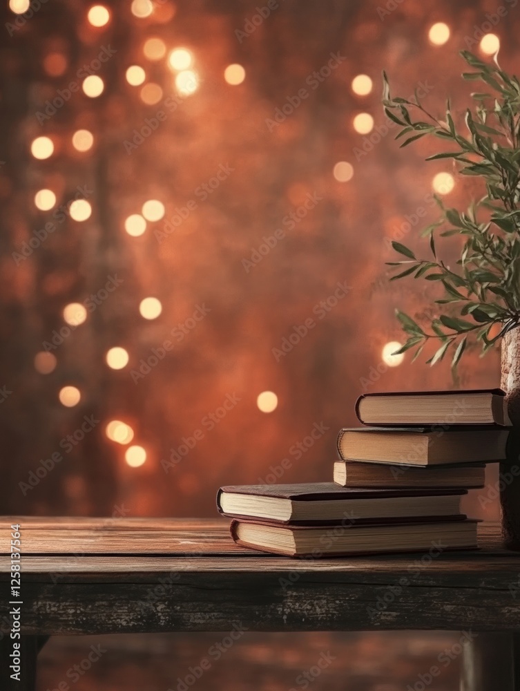 Fototapete stack of books on rustic wooden shelf surrounded by warm lights offering a cozy reading atmosphere. 