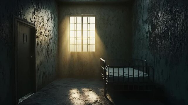Harsh sunlight filtering through barred window casting dramatic shadows inside dilapidated psychiatric hospital room, revealing weathered metal bed and ominous closed door
