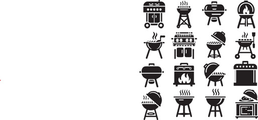 Grill BBQ icon silhouette set. Charcoal grills, Gas grills, and Wood fired grills Vector illustration