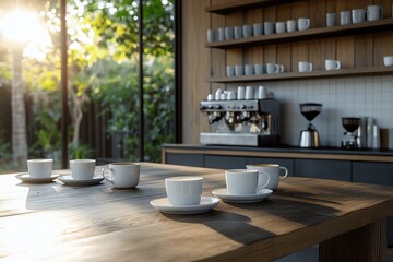 Fototapeta premium Coffee cups on a wooden table in a bright cafe with greenery in the background during golden hour