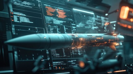 A futuristic missile launch facility, with AI-controlled targeting systems and digital war analytics displayed on massive high-tech screens. Ultra-detailed 4K photography.