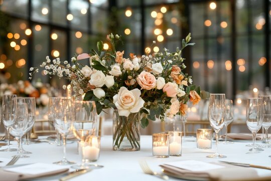 Elegant floral centerpiece on a beautifully set dining table at a wedding reception in a glass-enclosed venue during the evening