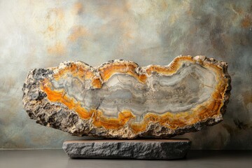 Fototapeta premium A stunning petrified wood slab with vibrant orange and gray hues, displayed on a dark stone base.