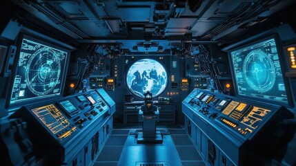 Obraz premium A futuristic naval warship command center, with digital radar interfaces, AI-assisted weapons control, and a high-tech strategic display. High-resolution 4K image.